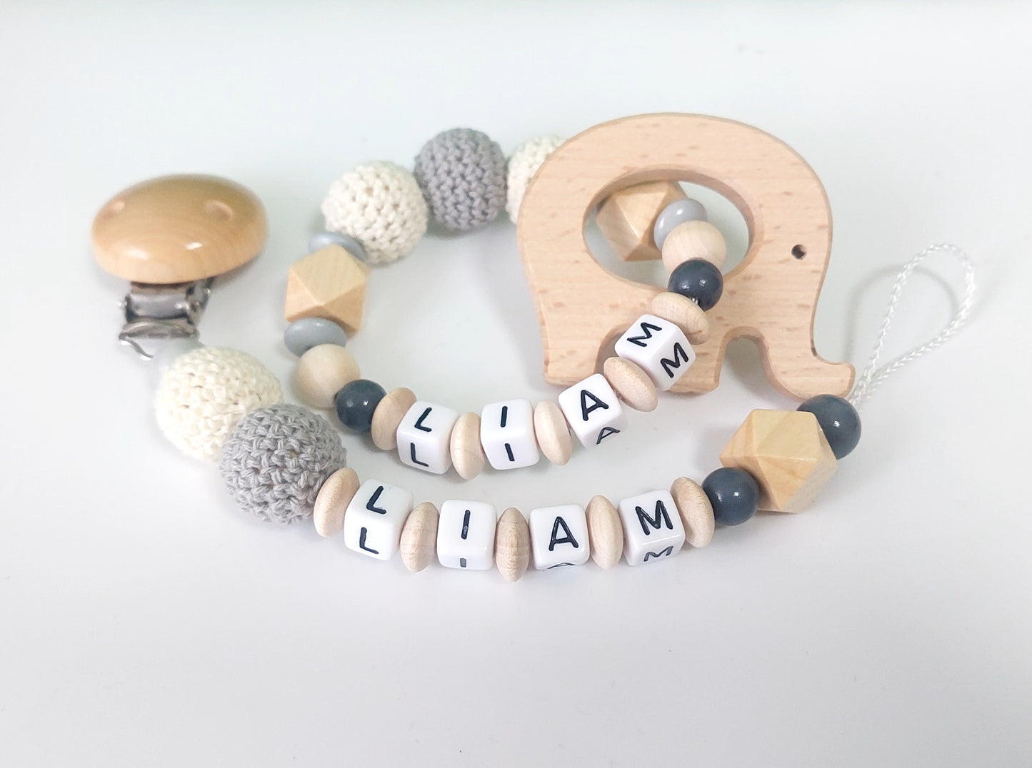 Personalisierte Schnullerkette aus Holz & Häkelperlen | Optional mit Greifling