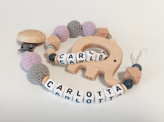 Personalisierte Schnullerkette aus Holz & Häkelperlen | Optional mit Greifling