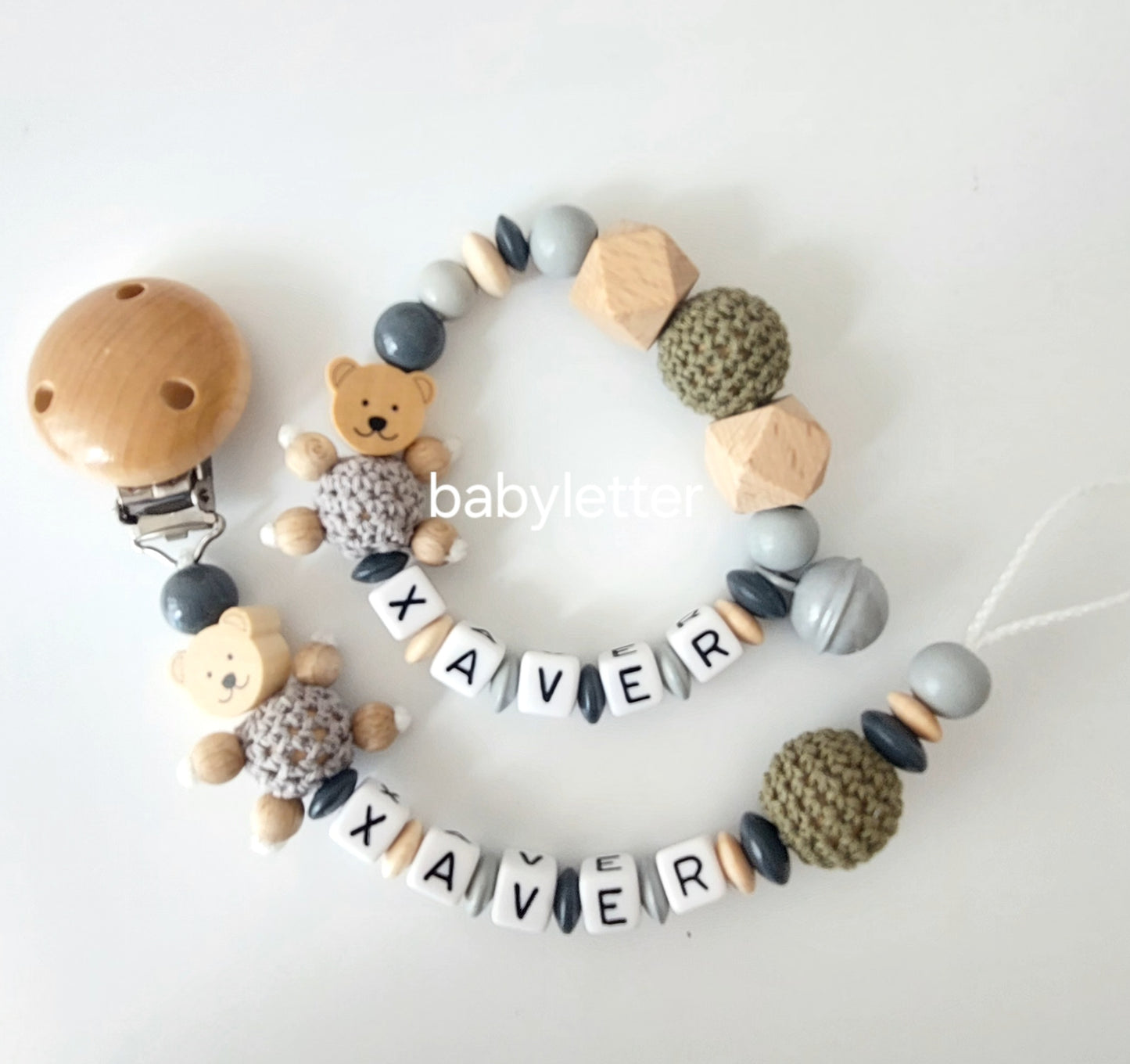 Personalisierte Schnullerkette mit Namen – Holz & Häkelperlen – Optional im Set mit Greifling
