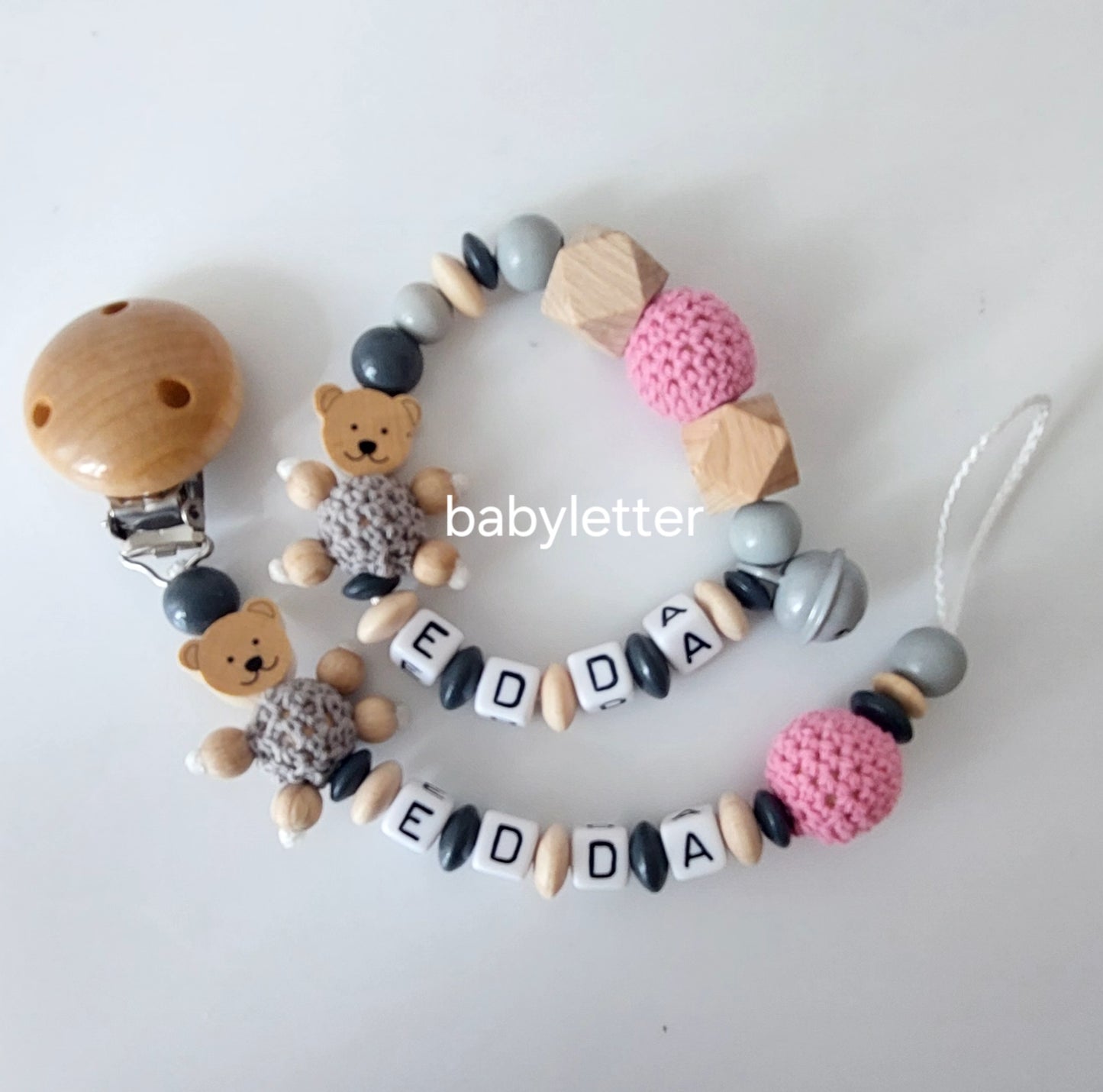 Personalisierte Schnullerkette mit Namen – Holz & Häkelperlen – Optional im Set mit Greifling