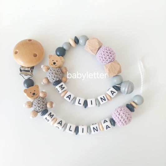 Personalisierte Schnullerkette mit Namen – Holz & Häkelperlen – Optional im Set mit Greifling