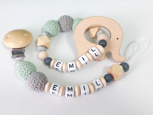 Personalisierte Schnullerkette aus Holz & Häkelperlen | Optional mit Greifling