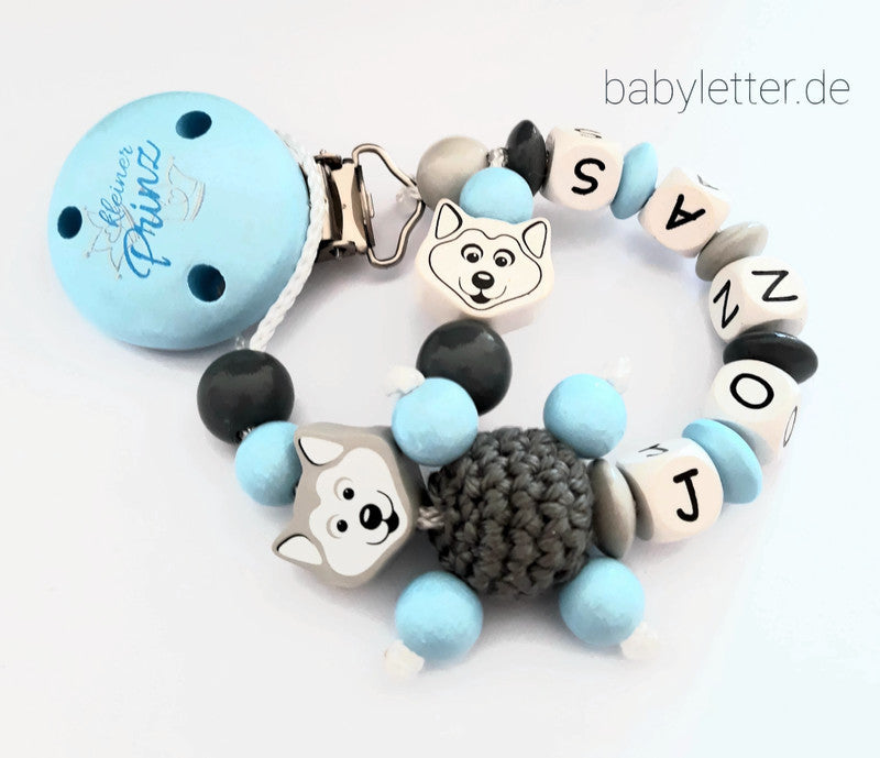 Schnullerkette mit Name in verschiedenen Farben mit Bär und Häkelperle, Geschenk zur Geburt