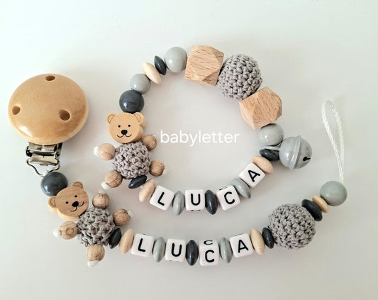 Personalisierte Schnullerkette mit Namen – Holz & Häkelperlen – Optional im Set mit Greifling